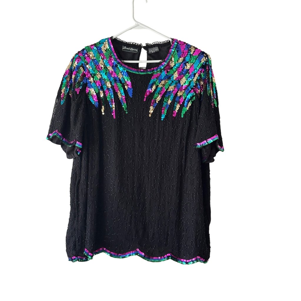 Vintage Jewel Queen Sequin Embellished Black Silk Blouse Multicolor Sz B-6 (3x)